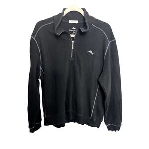 Tommy Bahama Sweater Men’s Medium Black Quarter Zip Beach Golf Pull Over Relax